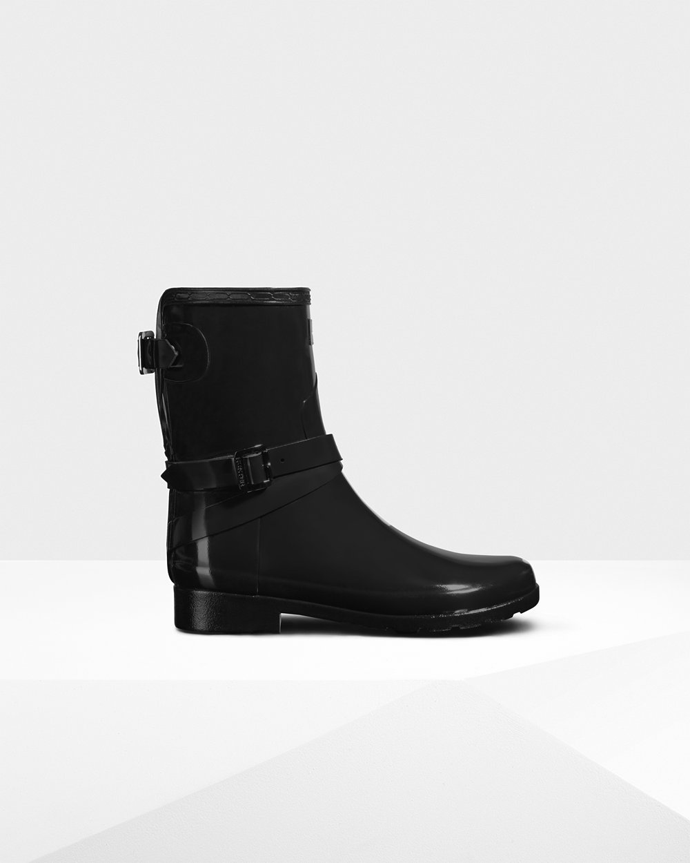 Women Hunter Refined Slim Fit Adjustable Gloss | Short Rain Boots Black | NZ-3178-LSBD